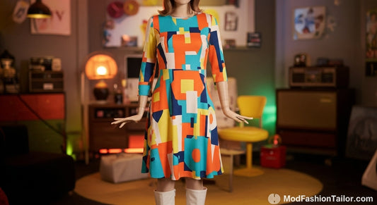 1960s Mod Dress with bold geometric patterns and bright colors, styled with white knee-high boots and retro accessories.