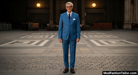 Authentic 1960 Mod Suit with slim-fit three-button jacket, narrow lapels, flat-front trousers, and black skinny tie styled in retro fashion.