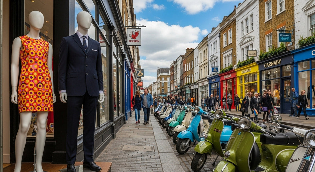 Carnaby Street London with mod clothing shop display showing men’s suits and women’s mini dresses alongside vintage scooters.