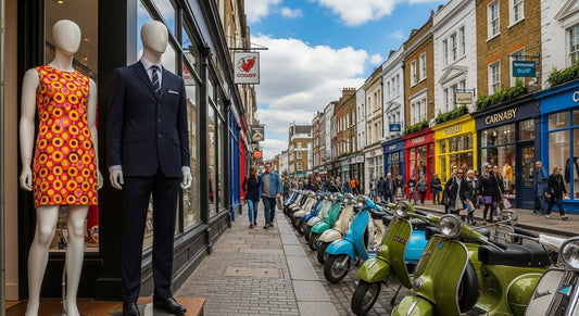 Carnaby Street London with mod clothing shop display showing men’s suits and women’s mini dresses alongside vintage scooters.