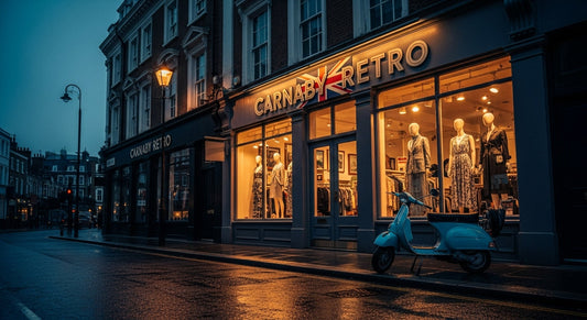 Classic 1960s mod clothing displayed in a London boutique with vintage suits, dresses, and accessories.
