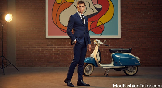 Classic 3 button Mod suit with slim-fit jacket, narrow lapels, white shirt, black skinny tie, and Chelsea boots in a retro 1960s setting.