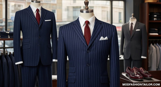 Classic 60s Mod Suit with three-button slim-fit jacket, checkered design, and retro skinny tie displayed on a mannequin.
