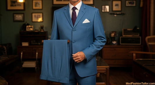 Classic 60s Mod Suit with three-button slim-fit jacket, narrow lapels, and flat-front trousers styled with a skinny tie and Chelsea boots.