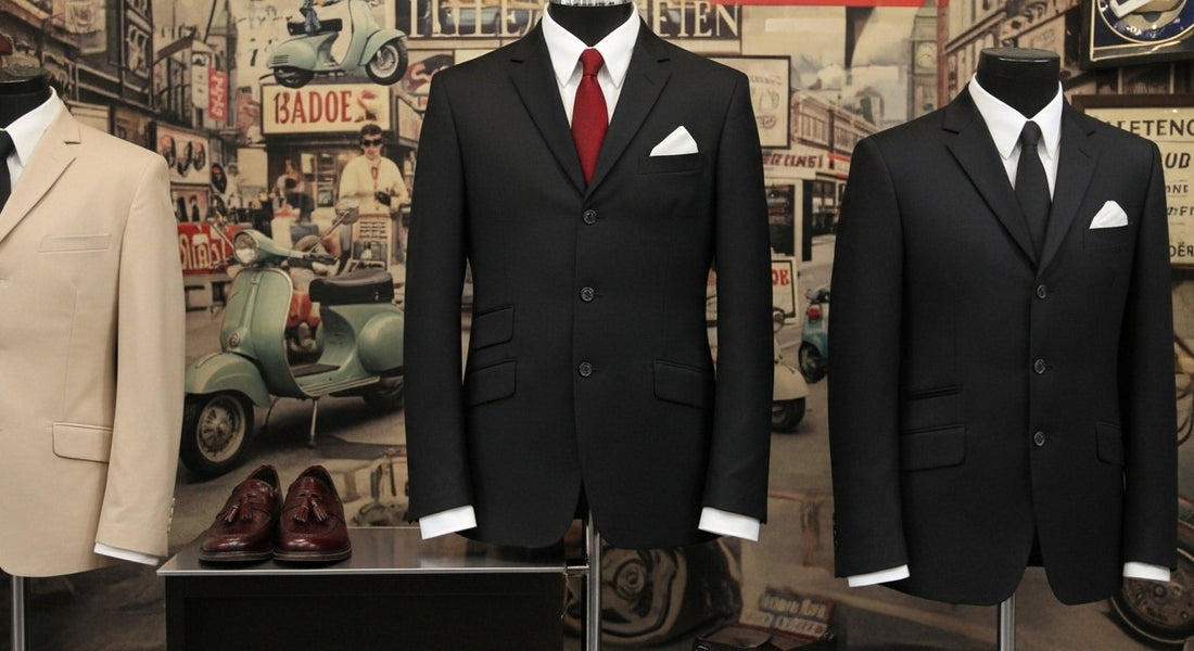Classic Mod suit London display with vintage 1960s Mod fashion inspiration.