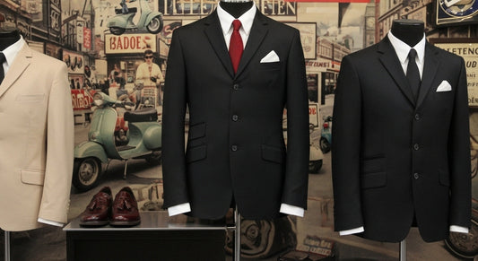 Classic Mod suit London display with vintage 1960s Mod fashion inspiration.