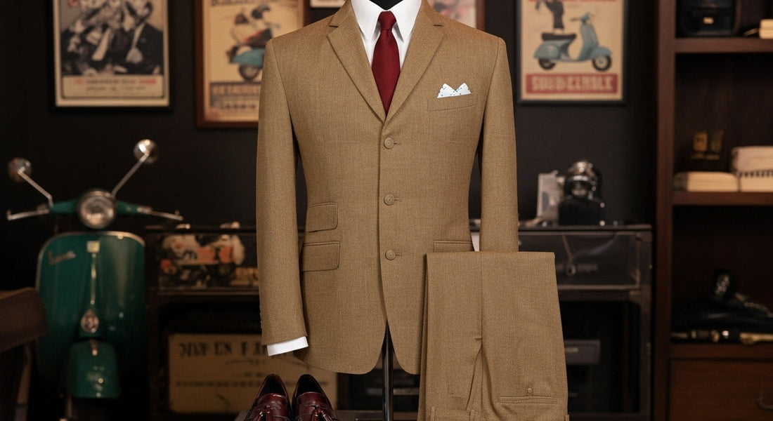 Classic slim-fit Mod suit for men with 1960s Mod fashion-inspired decor.