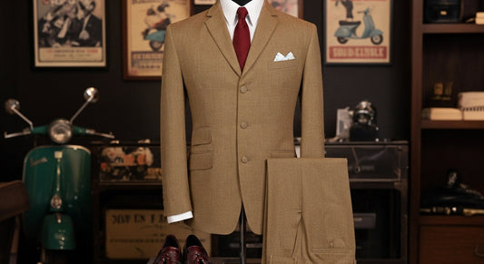 Classic slim-fit Mod suit for men with 1960s Mod fashion-inspired decor.