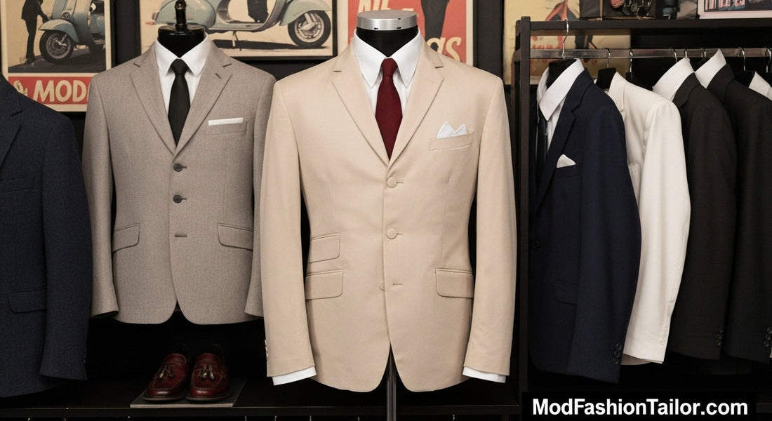 Collection of slim-fit Mod suits for men displayed in a modern boutique with vintage-inspired style.