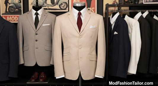 Collection of slim-fit Mod suits for men displayed in a modern boutique with vintage-inspired style.