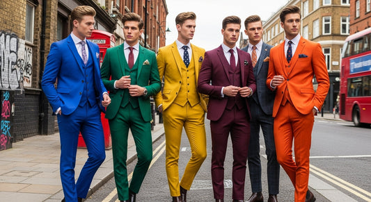 Five men wearing 2025 Mod suit trends: bold colors, slim-fit, three-piece suits.