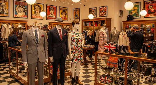 Interior of a mod clothes shop featuring 1960s-inspired suits, dresses, and retro footwear.
