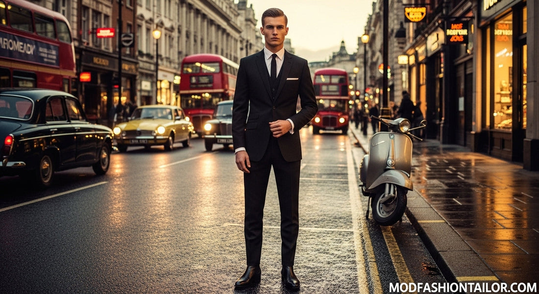 Man wearing a 3 button black Mod suit with slim fit, white shirt, black skinny tie, and Chelsea boots in a retro 1960s London setting.