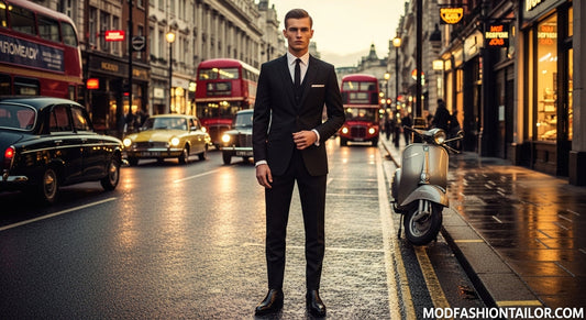 Man wearing a 3 button black Mod suit with slim fit, white shirt, black skinny tie, and Chelsea boots in a retro 1960s London setting.