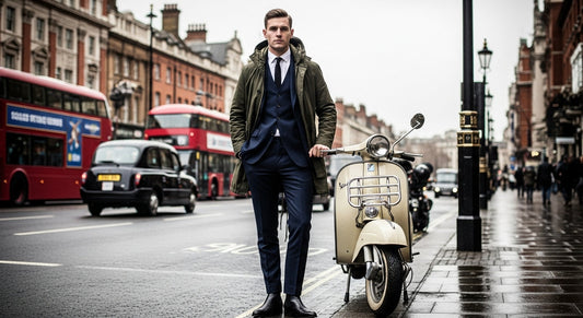 Man wearing a classic men’s mod suit with parka and vintage scooter, representing 1960s mod clothes for men.