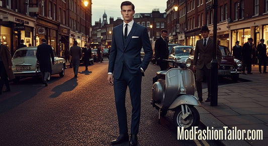 Man wearing a classic navy three button Mod suit with slim fit, white shirt, black skinny tie, and Chelsea boots in a retro 1960s London setting.