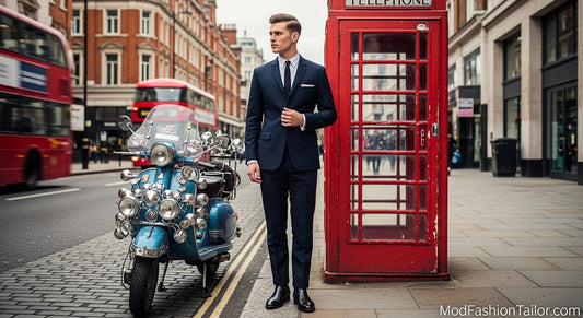 Man wearing a vintage Mod suit in London, standing near a red telephone booth with a retro scooter in the background.
