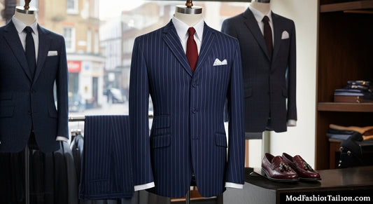 Mod suits London boutique featuring slim-fit tailored Mod suits in classic styles