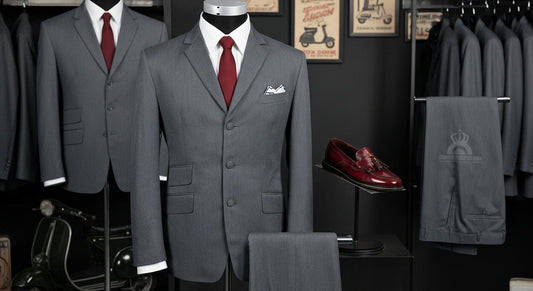 Premium slim-fit Mod suits for sale with 1960s Mod fashion-inspired display.