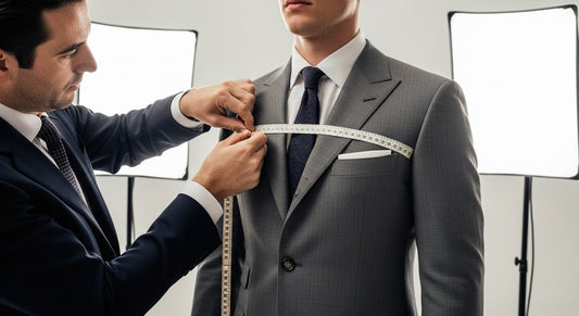 Tailor measuring a customer for a Mod suit, premium fabrics displayed.