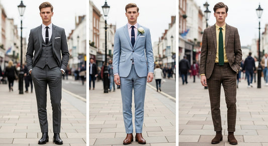 Three young men wearing Mod suits styled for office, wedding, and casual occasions.