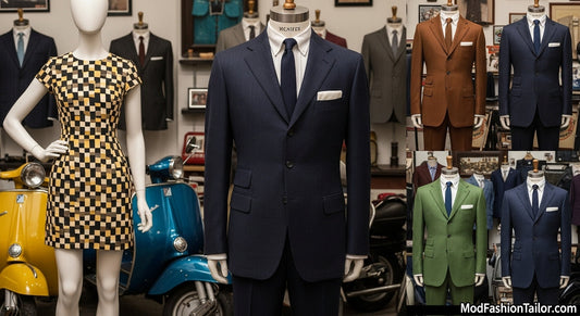 Vintage 1960s Mod clothing display with a men’s slim-fit Mod suit and a women’s geometric-patterned mini dress, styled with retro accessories and decor.