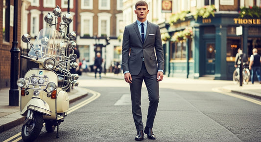 Young man wearing a sharp slim-fit Mod suit, narrow tie, Chelsea boots, on a London street.