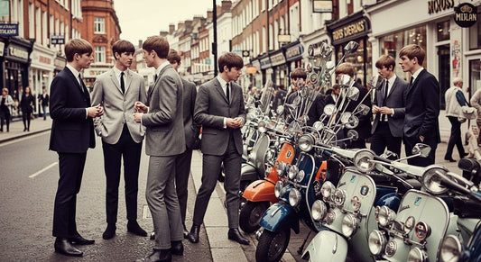 Young men in 1960s-inspired Mod suits, Beatles and Who influence, scooters nearby.