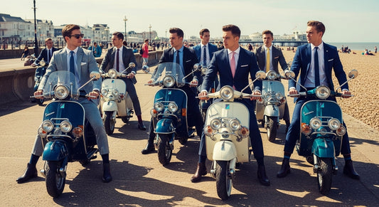 Young men in Mod suits riding scooters on Brighton promenade.