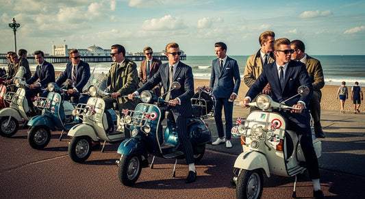 Mods in suits riding scooters in Brighton.