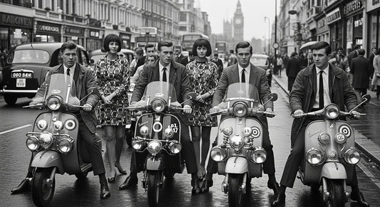 Mods riding scooters in slim-fit suits.