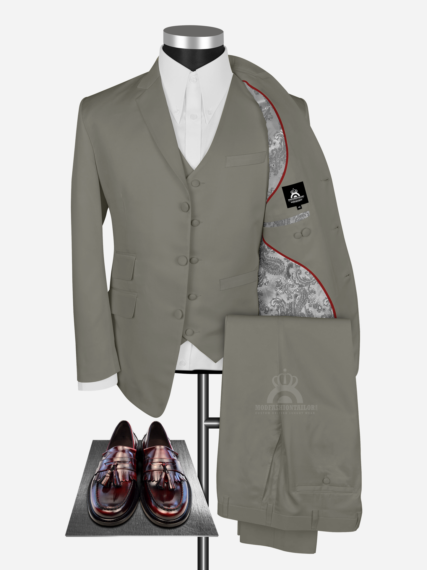 3 Piece 3 Button Pastel Brown Mod Suit with Shirt