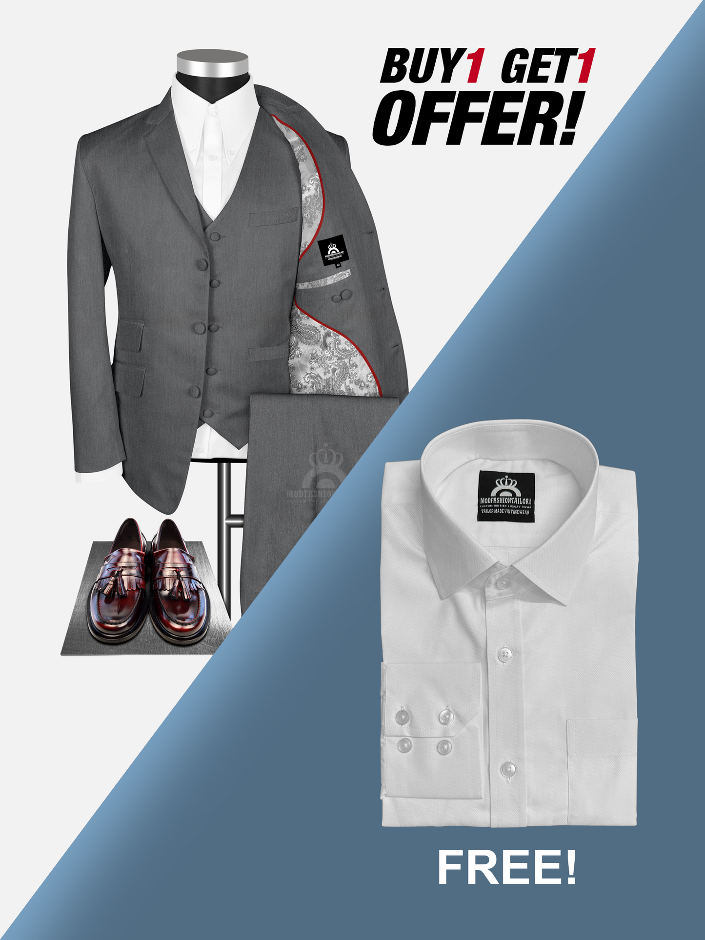3 Piece Silver Gray 3 Button Mod Suit with Shirt