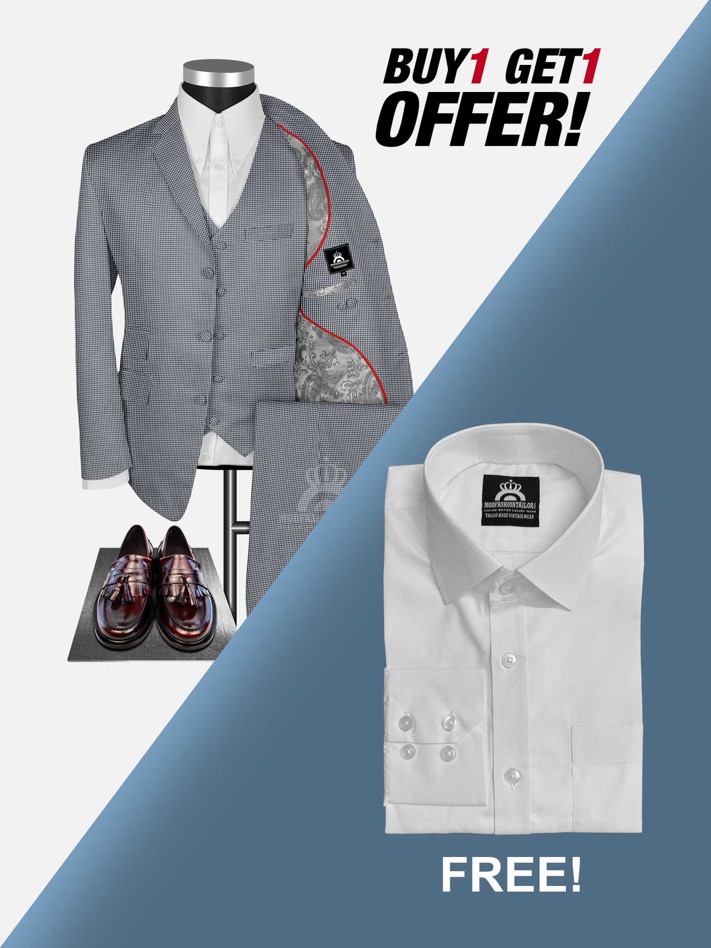 3 Piece Single Breasted Dogtooth Mod Suit with Shirt