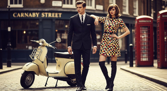 1960s Mod fashion with a male model in a slim-fit Mod suit and a female model in a bold patterned mini dress standing near a vintage scooter in a retro London setting.