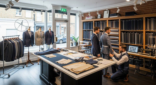 A tailor in a UK shop measuring a customer for a custom suit, surrounded by premium suits and fabrics.
