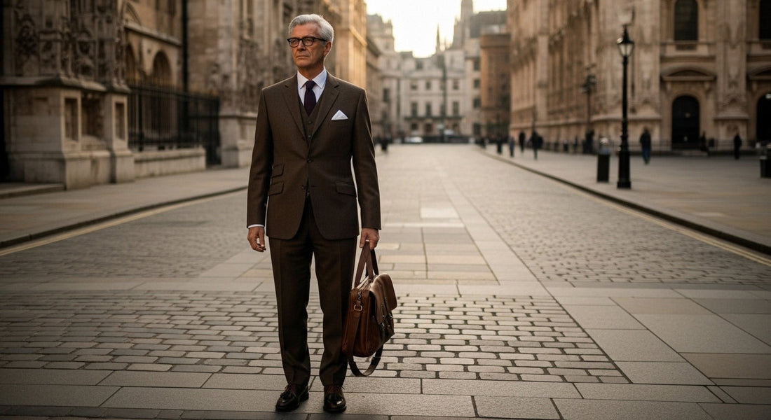 British man wearing a slim-fit tailored mod suit with a crisp shirt and narrow tie, standing on a cobblestone street with classic British buildings, holding a leather messenger bag.
