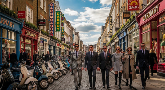 Carnaby Street in London with people wearing classic mod suits and vintage scooters parked outside shops.