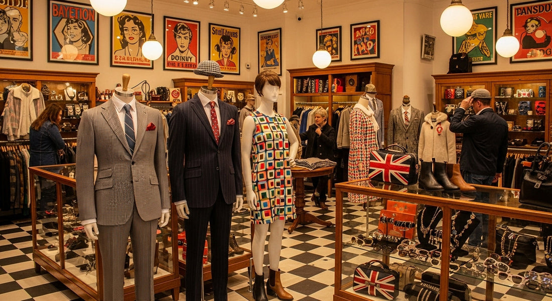 Interior of a mod clothes shop featuring 1960s-inspired suits, dresses, and retro footwear.