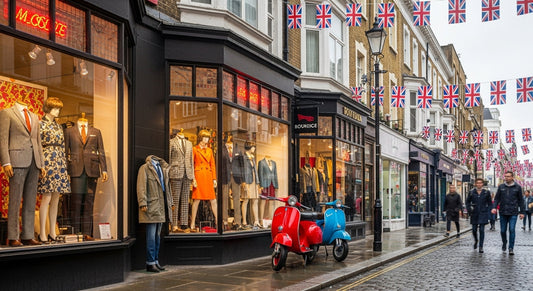 Mod clothing shops in London displaying 1960s-style suits, dresses, and accessories with a vintage Vespa parked outside.
