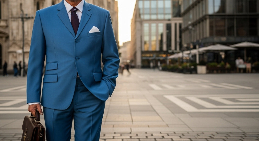 Stylish man wearing a slim-fit tailored mod suit with a crisp shirt and narrow tie, holding a leather briefcase on a modern city street with cafes in the background.
