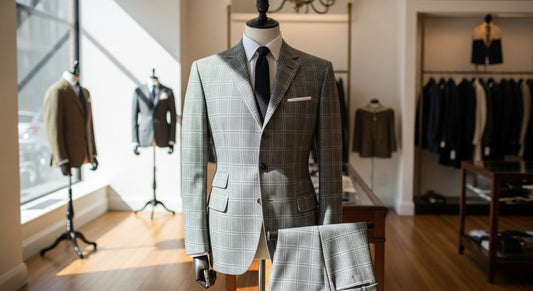 Tailored three-button mod suit with slim lapels on display in a luxury boutique.