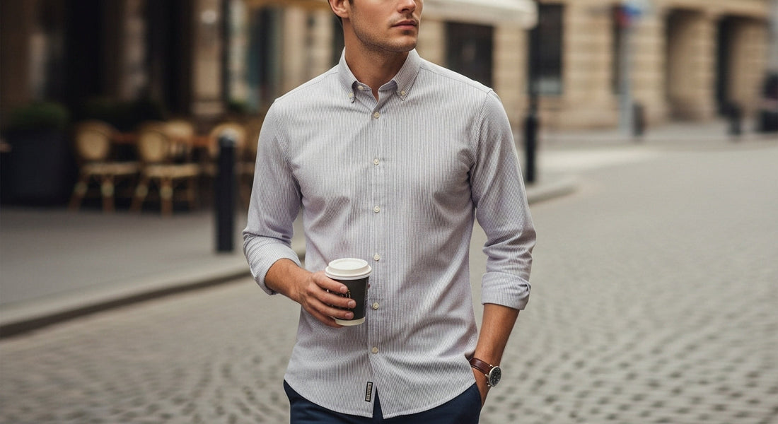 Young man wearing a slim-fit pastel mod shirt with subtle stripes, walking on a cobblestone street with a coffee cup in hand, café in the background.