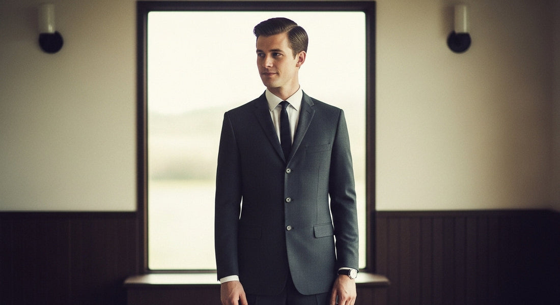 Groom wearing a tailored Mod suit at a wedding.