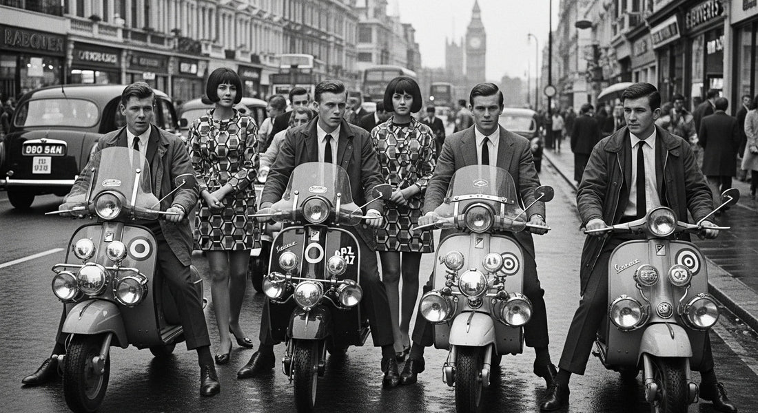 Mods riding scooters in slim-fit suits.