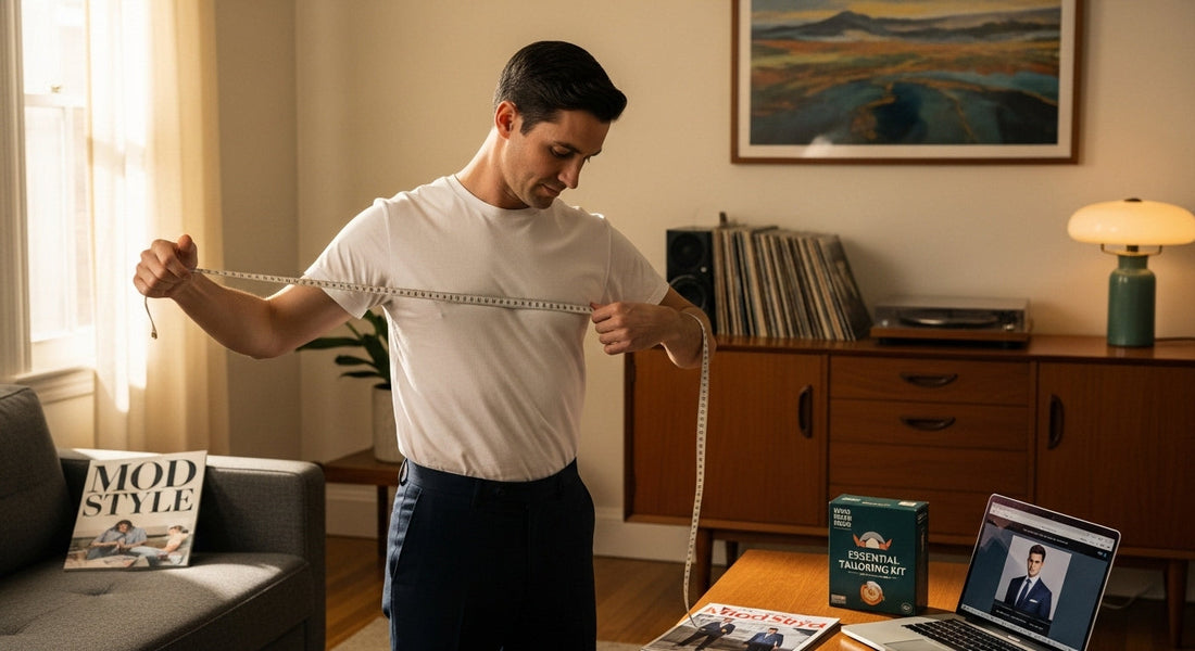 Customer measuring himself for online suit order.