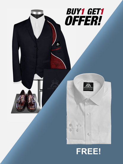 3 Piece Dark Navy Blue Houndstooth 60s Mod Suit with Shirt