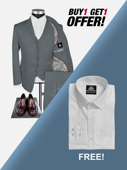 3 Piece 3 Button Light Gray Mod Suit with Shirt