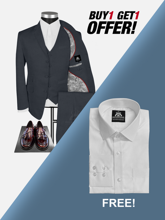 3 Piece 3 Button Dark Gray Mod Suit with Shirt