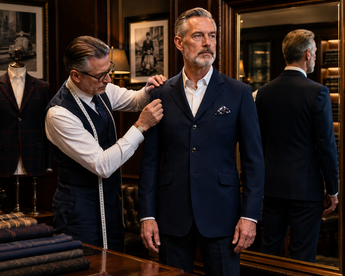 Tailor measuring a man wearing a navy blue Mod suit